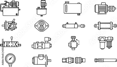 Photos Hydraulic Pneumatic Industrial Equipment Vector Icons: Cylinder, Pump, Valve, Fi
