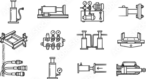 Black and white line art icons of hydraulic machinery and equipment in a grid layout.