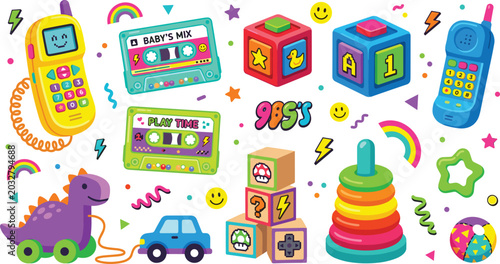 Konstfotografi Retro 90s Kids Toy Vector Set Featuring Neon Cassette Tapes Toy Phones Alphabet