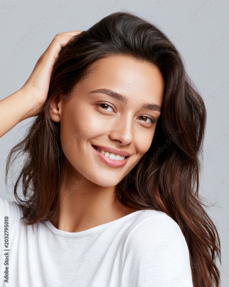 Fototapeta premium Beautiful young brunette woman touching hair and smiling softly, neutral gray studio backdrop, beauty portrait lighting