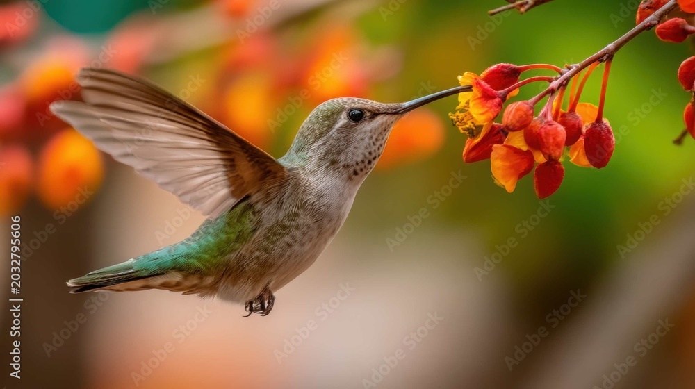 Obraz premium Graceful hummingbird sipping nectar from an exotic bloom in vibrant garden setting, showcasing nature's delicate artistry