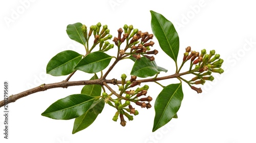 Detailed clove plant branch with green leaves and flower buds isolated on white background.
