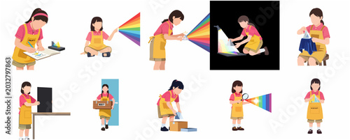Konstfotografi Vector illustration set of a schoolgirl conducting physics experiments with glass prisms to study light refraction and the rainbow spectrum