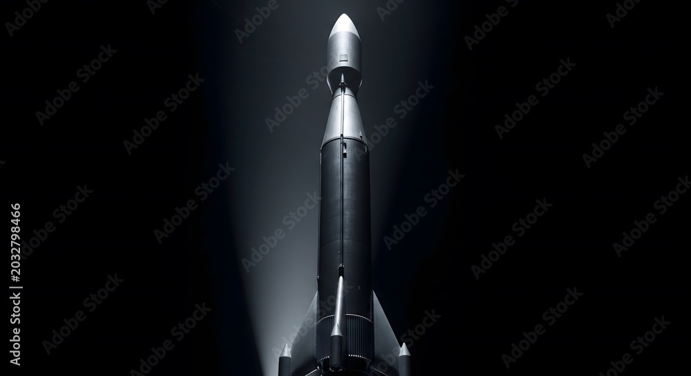 Naklejka premium Vertical dark rocket in studio. Space, science, technology, and future exploration concept with dramatic lighting.