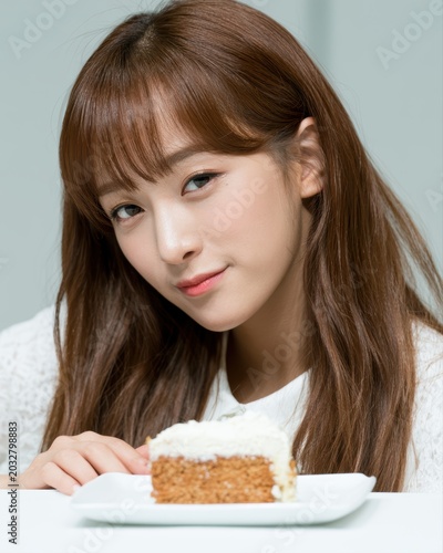 Cute girl secretly eating cake while checking if anyone is watching