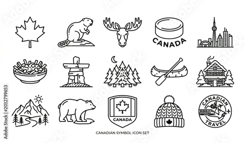 Photography Canada Symbols and Culture Line Icon Set