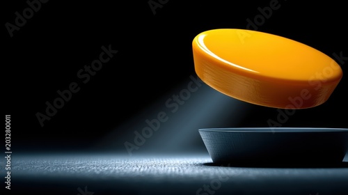 A hockey puck in mid-air, hovering above a dark surface.