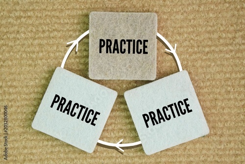 Three words in a circle with the words practice, practice and practice. The concept of training to be repeated every day. Mastering a skill requires focused repetition. repetition and consistent train