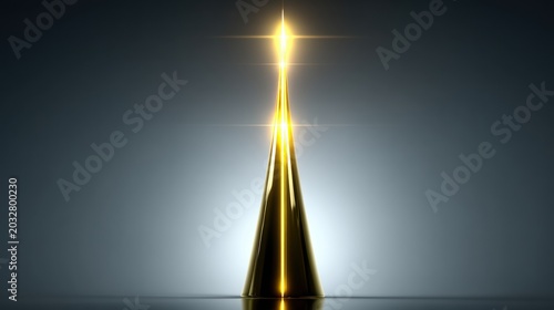 A golden trophy with a pointed top and a radiant light at the top.