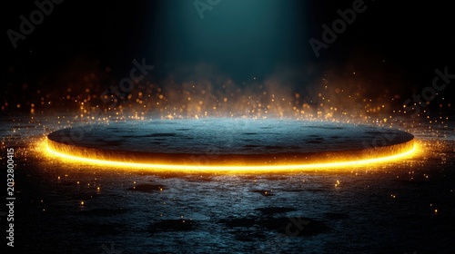 A circular platform illuminated by a radiant yellow glow, surrounded by a swirling cloud of orange sparks.