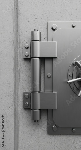 Metal bank vault door hinge, safe security lock, industrial gray steel