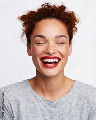 Young woman giggling and smiling brightly on white background, cheerful lifestyle portrait