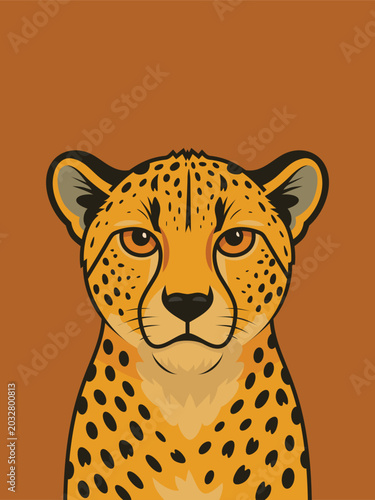 Photography Minimalist flat design illustration of a cheetah head in frontal view with open eyes and detailed spots