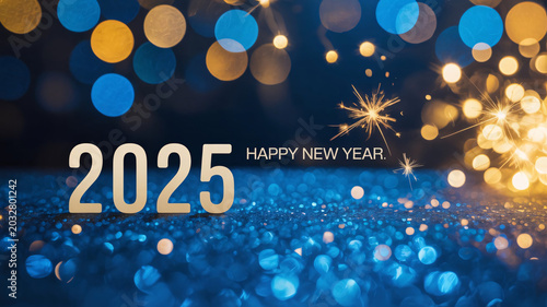 New Year celebration background, 2025 Happy New Year greeting, blue and gold festive lights, sparkling bokeh