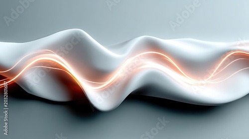 A digital illustration of a flowing, wave-like surface with orange and white light streaks.