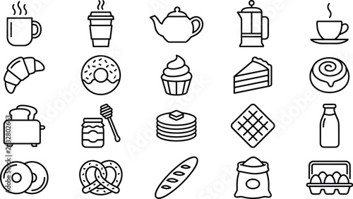 Quadro su tela Coffee Shop and Sweet Bakery Breakfast Line Icon Set Featuring Coffee Mug Teapot