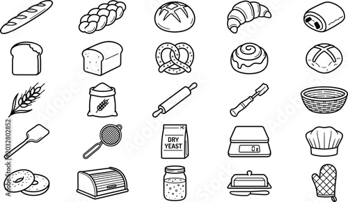 Tableau sur toile Bakery and Fresh Bread Line Icon Set with Baguette Croissant Pretzel Wheat Flour