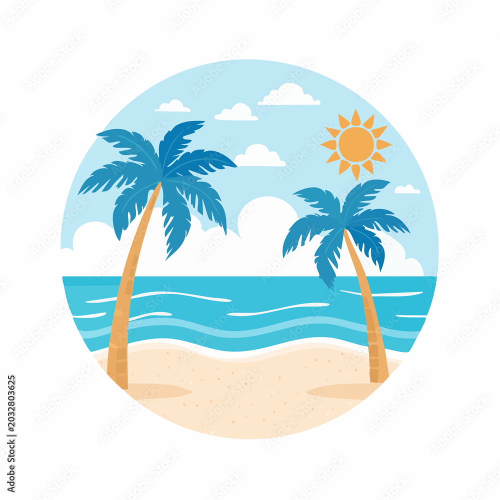 Obraz premium Tropical Beach Scene with Palm Trees and Sun