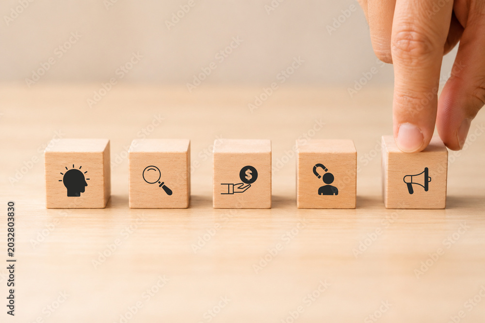 Naklejka premium Digital marketing funnel concept: winning new customers with marketing strategies ; wooden cubes with stage awareness, consideration, purchase, retention and businessman hold cube with advocacy icon.