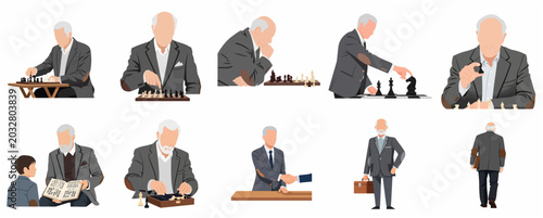 Schilderij op canvas Set of Senior Grandmaster Illustrations Playing Chess and Strategizing Flat Vect