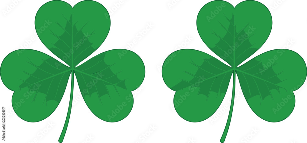 Obraz premium Green Three Leaf Clover Shamrock Vector Illustration Set with Textured Details for Saint Patricks Day Irish Holiday Celebrations and Lucky Symbol Branding