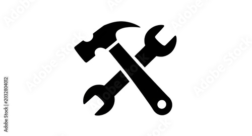 wrench, tools, hammer, crossed, repair, construction, maintenance, mechanic, handyman, workshop, engineering, hardware, icon, industrial, vector, illustration, isolated