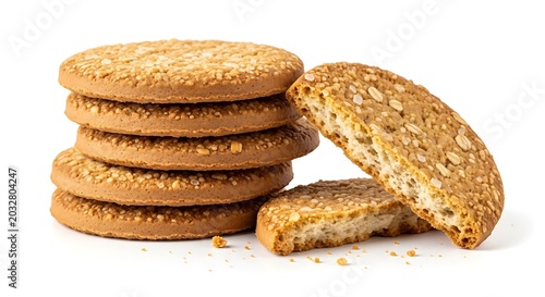 Sesame Seed Cookies Stacked on White Background