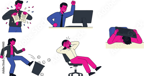Tableau sur toile Workplace Burnout and Employee Stress Illustration Set Featuring Office Frustrat