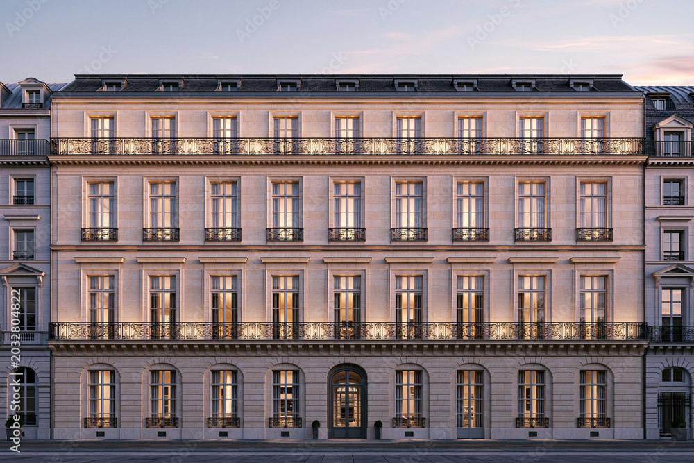 Obraz premium Parisian Apartment Front Elevation at Evening