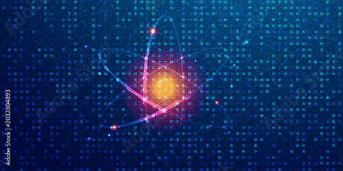 Photos Abstract illustration of glowing atom structure with orbiting electrons against a dark blue digital technology background