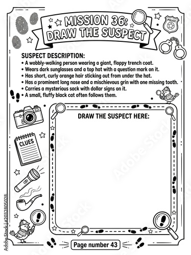 Creative detective activity worksheet for children illustrating a mischievous suspect with floppy hat, sunglasses, and cat companion, black-and-white line art with playful clues and magnifying glass