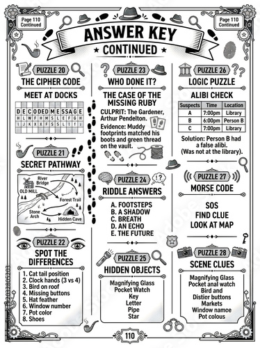 Vintage-style educational worksheet featuring classic logic puzzles, riddles, and hidden-object challenges with black-and-white ink art design, perfect for nostalgic learning activities and classroom