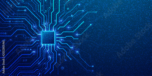 Tableau sur toile Conceptual illustration of a digital microprocessor chip with glowing circuits on a dark blue background