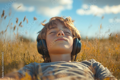 Young boy listening to music in field.