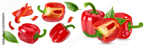 sliced red sweet bell peppers isolated on white background. clipping path