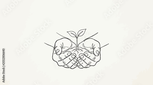 Obraz na plátně Line art illustration of two cupped hands holding a small growing plant seedling
