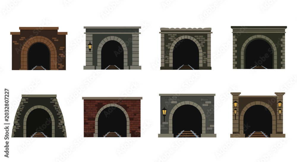 Fototapeta premium Set of Pixel Art Train Tunnel Entrances for Game Design