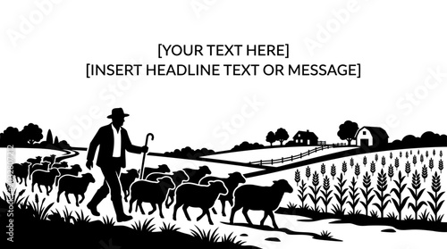 Canvas Print A silhouette illustration of a shepherd herding a flock of sheep through a rural landscape