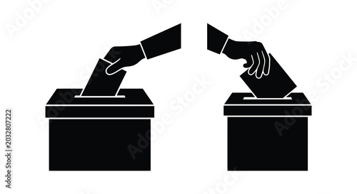 Two hands depositing ballots into voting boxes a stark black silhouette illustration ballot box election franchise