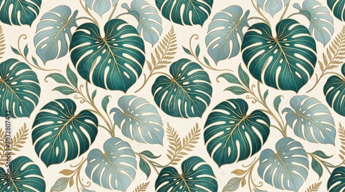 Tropical leaves pattern with green and beige botanical design  