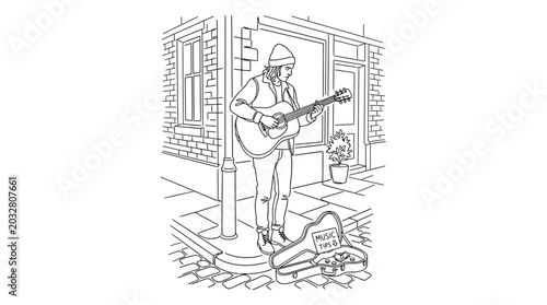 Tableau sur toile A street musician playing an acoustic guitar on a city sidewalk.