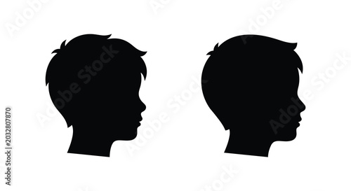 Two boy s head silhouettes in profile a simple black graphic on a white background silhouette