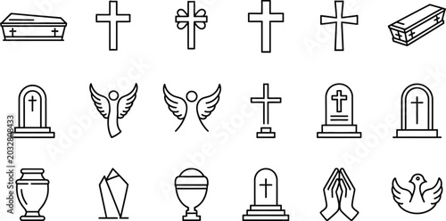 Quadro su tela Funeral and memorial line icon vector set featuring coffin crosses tombstones an