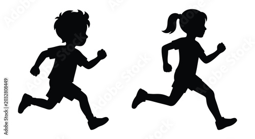 Two running children depicted as black silhouettes against a white background silhouette child kid kids boy
