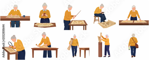 Schilderij op canvas Elderly Woman Studying Maps and Planning Travel Character Set, Flat Vector Illus