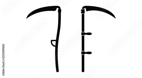 Cuadro en lienzo Two scythes with curved blades and wooden handles depicted as a black silhouette