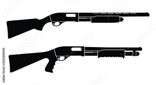 Schilderij op canvas Two black silhouettes of pump action shotguns against a white background a detai