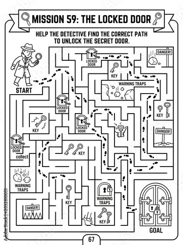 Illustrated detective puzzle maze game with locked door challenge, vintage noir style line art featuring a magnifying glass and keys, educational brain teaser for problem-solving activities