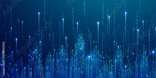 Bild auf Leinwand Abstract digital city skyline made of light particles and vertical data streams on deep blue background