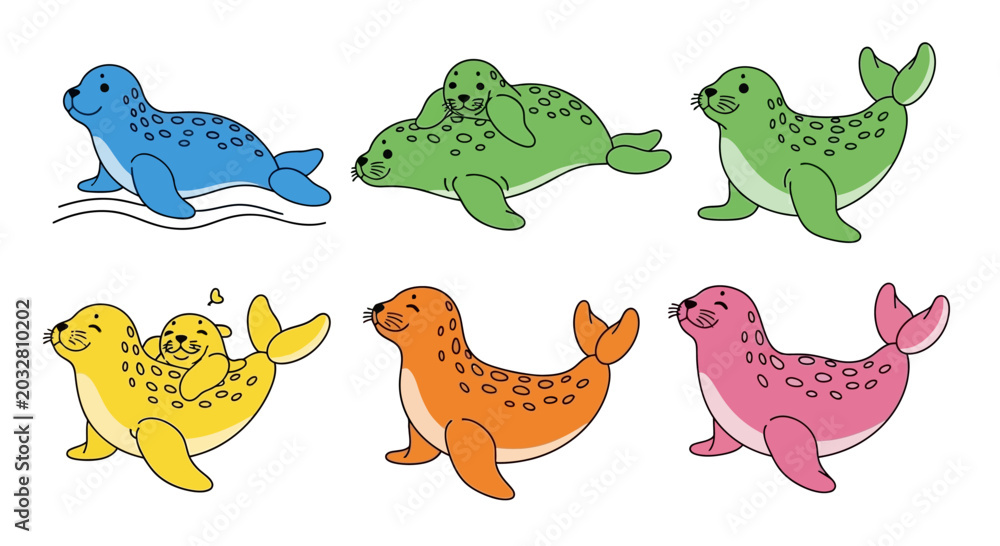 Fototapeta premium Cute Cartoon Seals Collection: Blue, Green, Yellow, Orange, Pink Seals
